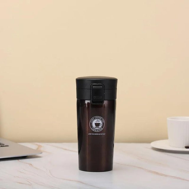 DHDH Reise-Thermobecher aus Edelstahl in Kaffeebraun, auslaufsichere Thermosflasche mit Vakuumisolierung und Ein-Knopf-Öffnung, 380 ml - Bild 1