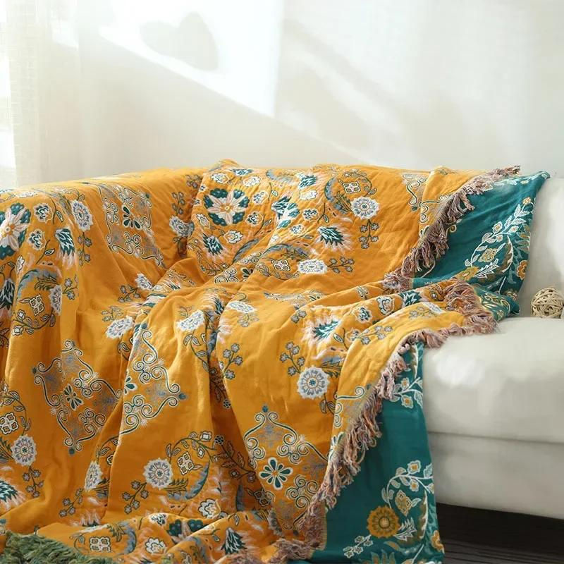 Nordische Boho Tagesdecke aus 100% Baumwolle mit floralem Design in Gelb, B/B: 150 x 200 cm - Bild 3