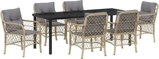 vidaXL Garten Essgruppe aus Poly Rattan und Stahl mit Kissen und Glas in Beige, 7-teilig - Bild 1