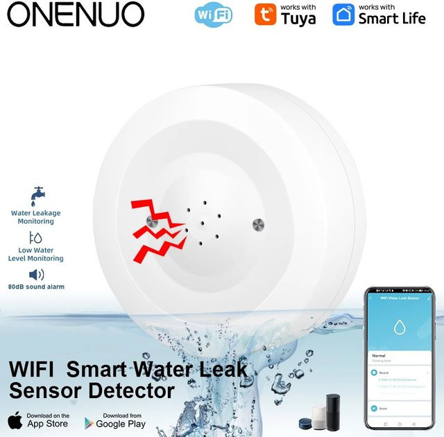 ONENUO WiFi Tuya Wasserlecksensor mit 80 dB akustischem Alarm und IP55 Wasserdichtigkeit in Weiß - Bild 1