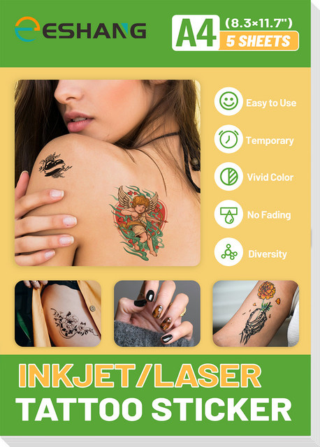 A4 Temporäres Tattoo-Papier für Tintenstrahl- und Laserdrucker, 5 Blatt, Weiß, Universal für Bildübertragungen auf die Haut - Bild 1