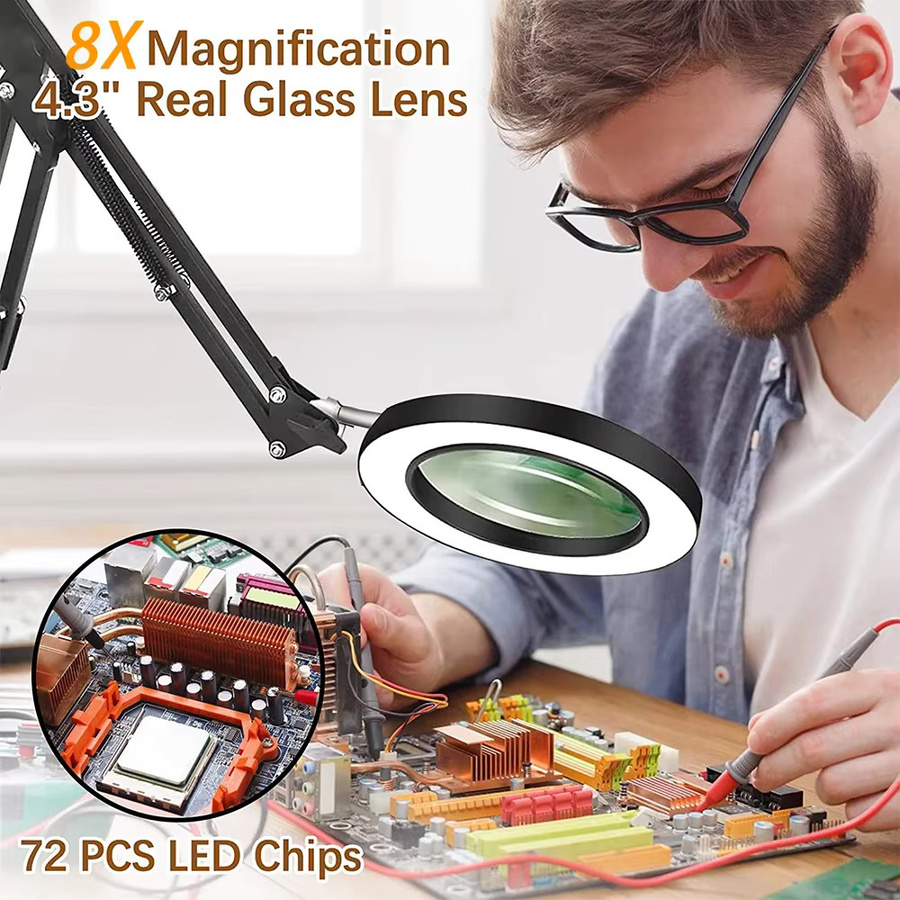 DBF 8-fache Lupe mit Licht und Ständer, dimmbare 2-in-1 Schreibtischlampe mit verstellbarem Schwenkarm und Klemme für Bastelarbeiten, Lesen und Reparaturen - Bild 3