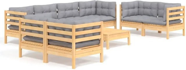 vidaXL 9-tlg. Garten-Lounge-Set aus massivem Kiefernholz mit grauen Polstern - Bild 1