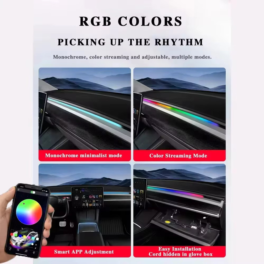 QYJSD 2 in 1 Dynamische Neon RGB LED Umgebungsbeleuchtung für Tesla Modell 3 und Modell Y, Multicolour Dashboard Dekolampe mit USB-Anschluss - Bild 3