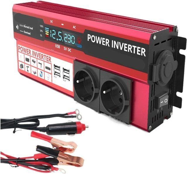 4000W Reiner Sinus-Wechselrichter DC 12V zu AC 220V/230V Transformator mit 4 USB-Steckdosen und LED-Anzeige in Rot - Bild 1