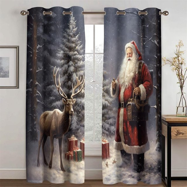 2er Set 3D Weihnachtsvorhänge mit Weihnachtsmann, Elch und Schnee, halbtransparent, bunt, B: 50 cm, H: 130 cm - Bild 1