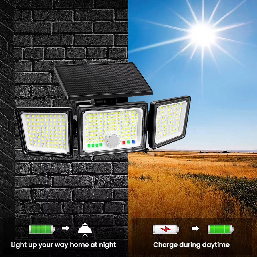 Solar-Außenleuchten mit 286 LED und Bewegungssensor, IP65 wasserdichte Solar-Sicherheitsflutlichter für den Garten, 3-Kopf-Design in Schwarz und Weiß - Bild 3