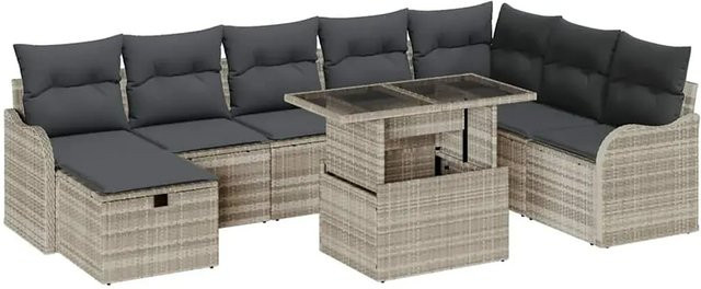 vidaXL Garten-Sofa-Set aus Polyrattan in U-Form mit 9-teiligem Set, Kissen und Couchtisch, Hellgrau - Bild 1