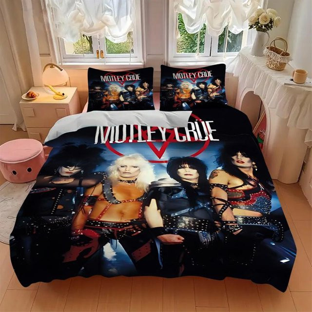 3-teiliges Motley Crue Glam Metal Bettwäsche-Set in Schwarz, bestehend aus 1 Bettbezug und 2 Kissenbezügen, B/H: 240 x 220 cm - Bild 1