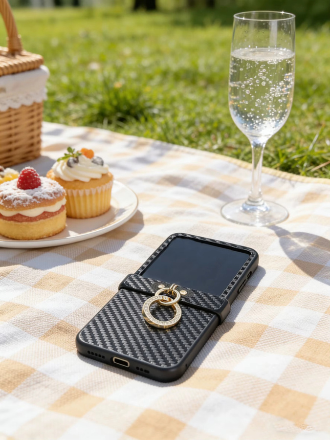 Motorola Moto Razr 50 60 70 U Handyhülle aus Carbon-Faser-Leder mit Diamant-beschichteter Ringschnalle in Schwarz - Bild 4
