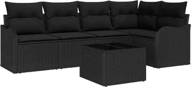 vidaXL Garten-Sofa-Set aus Polyrattan in Schwarz mit Kissen, 6-teiliges L-Shape Lounge-Set - Bild 1