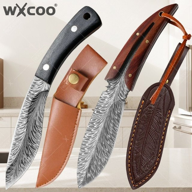 WXCOO Edelstahl Fleischbeil geschmiedetes Multi-Steak-Messer mit Federmuster in Silber - Bild 1