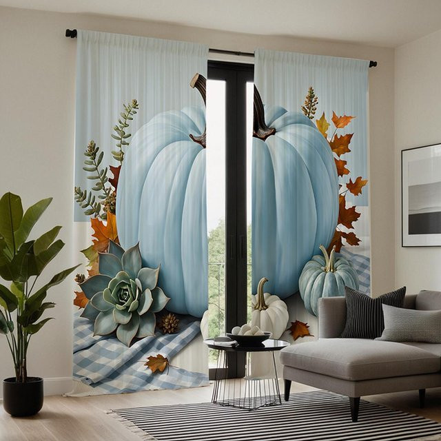 2er-Set Dekorative Vorhänge mit blauem Kürbis-Herbstmuster, Digitaldruck, Blau und Grau, B: 132 cm, H: 160 cm - Bild 1