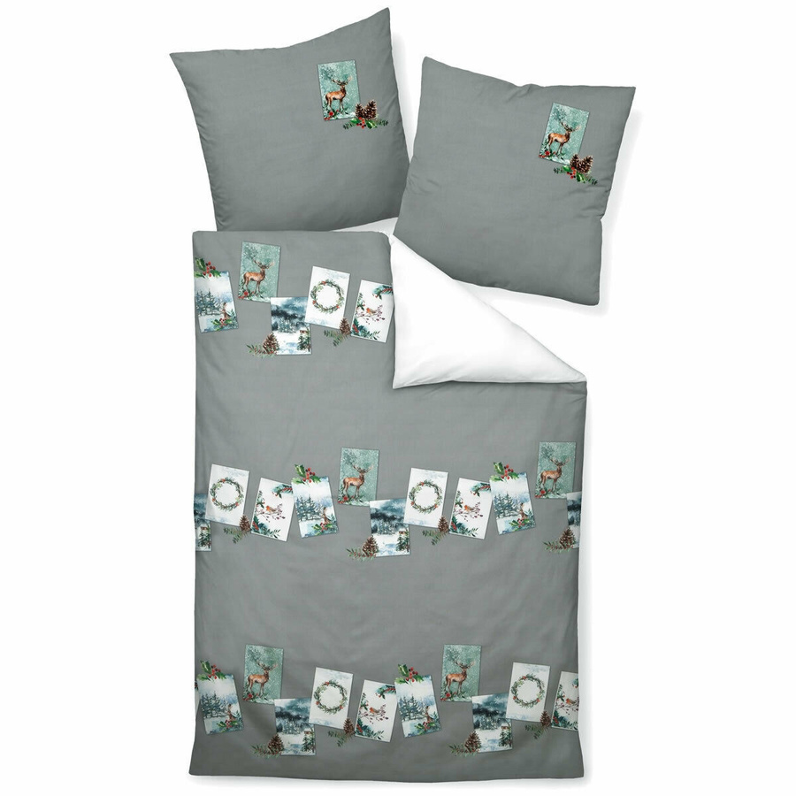 Janine Modern Art Mako-Satin Bettwäsche Hirsch Winter Motiv in Grau, B/H: 135 x 200 cm mit Kissenbezug 80 x 80 cm - Bild 1