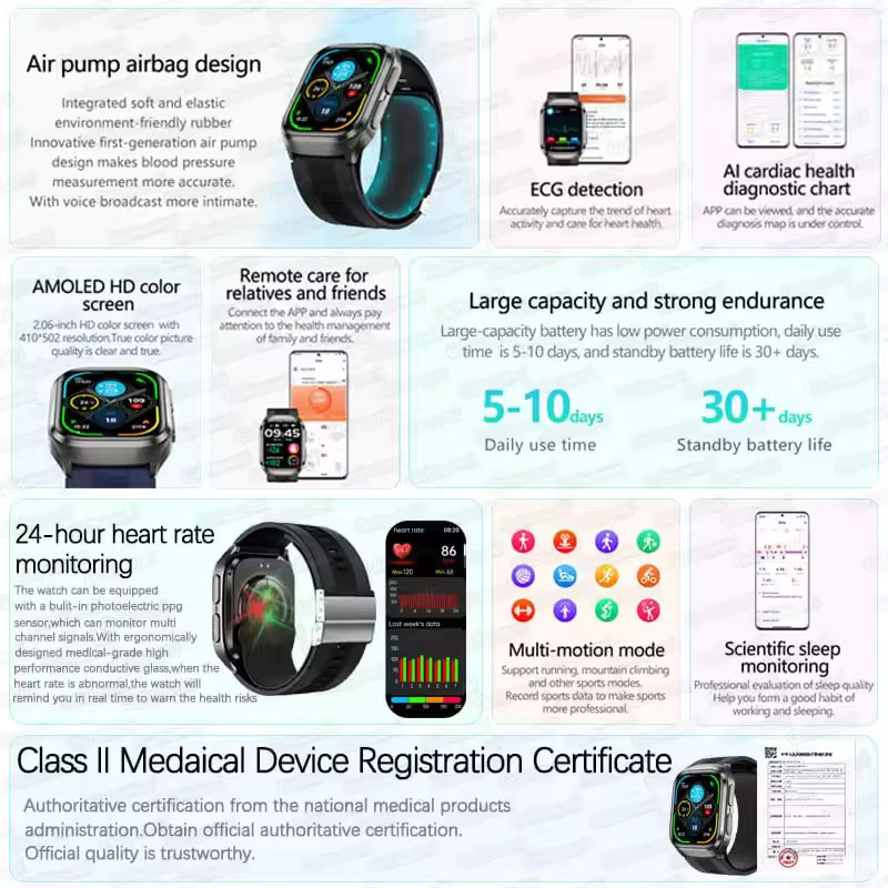 GUHUAVMI Gesundheits-Smartwatch mit Blutdruckmessung, Harnsäure- und Blutfettmessung, wasserdicht, für Herren und Damen in Schwarz und Rot - Bild 2
