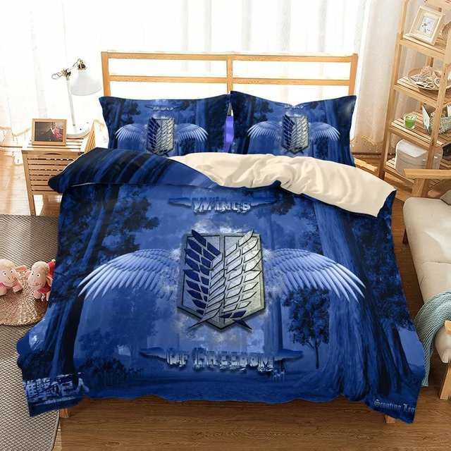 Binchi Fitness Anime Attack On Titan Bettwäsche-Set mit Bettbezug und Kissenbezug in Blau, 3D-Druck Design, B/H: 70 x 133 cm - Bild 1