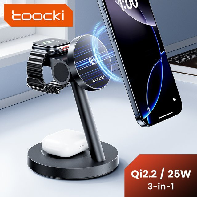Toocki 3-in-1 Magnetisches Kabelloses Ladegerät 25W Qi2.2 Schnellladestation für iPhone, Apple Watch und Ohrhörer in Schwarz - Bild 1
