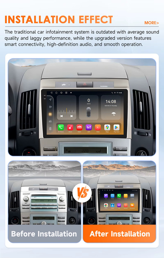 Hizpo Android 14 Autoradio für Toyota Corolla Verso AR10 2004 - 2009 mit 8 Kernen, Snapdragon 6115, GPS, 4G und Carplay in Schwarz - Bild 2