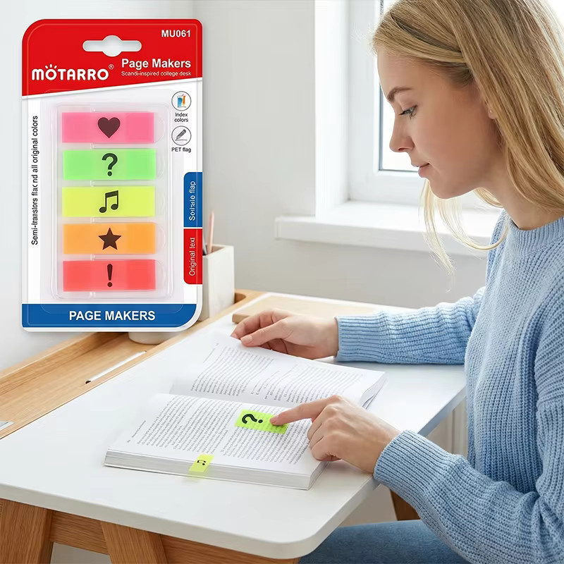 MOTARRO Index-Tabs mit fluoreszierenden Symbol-Seitenmarkierungen, 20 Blatt, transparent und mehrfarbig, selbstklebende PET Haftnotizen für Büro und Schule - Bild 4