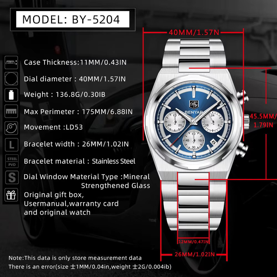 BENYAR Chronograph, Quarz, Edelstahl, Blau, Herren - Bild 5