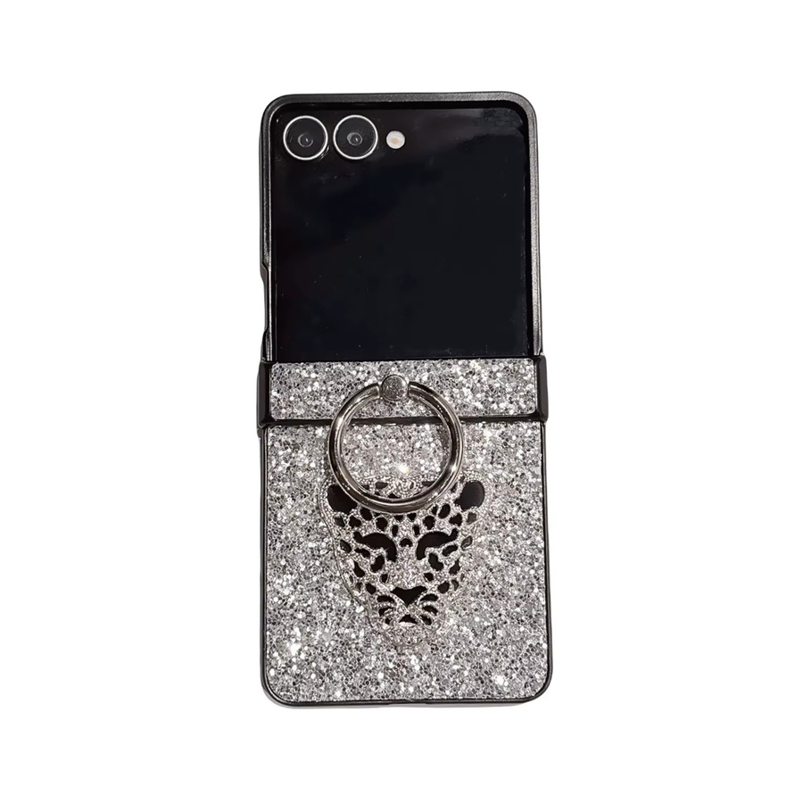 JINHR Luxus Handyhülle mit Diamant 3D Leopard Design und Ringständer für Samsung Z Flip5, Z Flip6 und Z Flip7 in Schwarz - Bild 3
