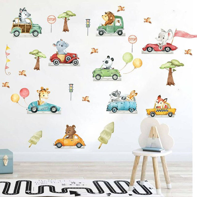 Duruibom Wandtattoo Aquarell Safari Tiere und Transportfahrzeuge für Kinderzimmer und Schlafzimmer, mehrfarbig - Bild 1