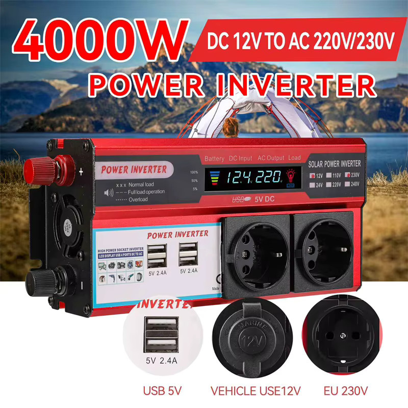 OWJHE Wechselrichter 4000W DC 12V zu AC 220V 230V Transformator mit 4 USB-EU-Steckdosen und LED-Anzeige - Bild 2
