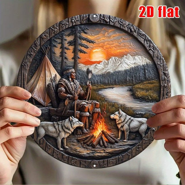 CIFBUY Aluminium-Wandkunst Metallschild Indische Landschaft mit Lagerfeuer in Mehrfarbig, Rustikale Dekoration für Zuhause und Garten - Bild 1