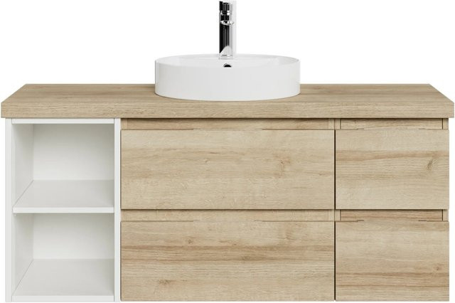 Pelipal Waschtischlösung Serie 4035 Riviera Eiche-Weiß Glanz mit Keramik-Aufsatzbecken und Unterschrank mit offenen Fächern - Bild 1
