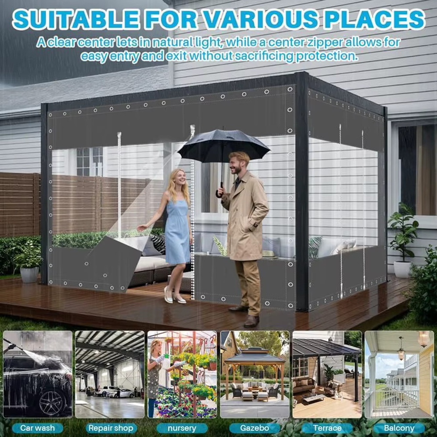 Wasserdichte Vinyl-Vorhänge mit Reißverschluss und Ösen, transparente PVC-Plane für Veranda, Pergola und Pavillon, Grau - Bild 2