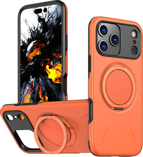 Magnetische Panzerhülle mit 360 Grad Metallringhalter für Apple iPhone 16 E in Schwarz oder Orange - Bild 1