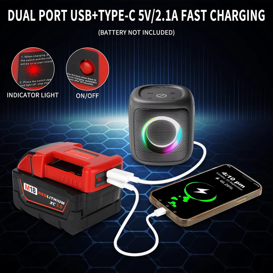 Tragbarer Ladegerät Adapter mit USB Typ C für 18V Li-Ion Akkus kompatibel mit Makita, Dewalt und Milwaukee - Bild 4