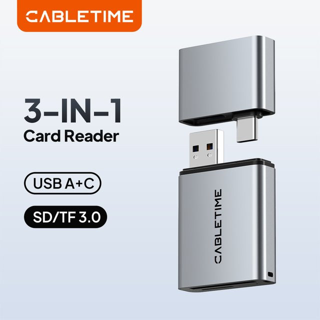 CABLETIME 3 in 1 Kartenleser mit USB 3.0 5 Gbit/s, USB-A und USB-C Anschluss für SD und TF Karten aus Aluminiumlegierung für iPhone und iPad - Bild 1