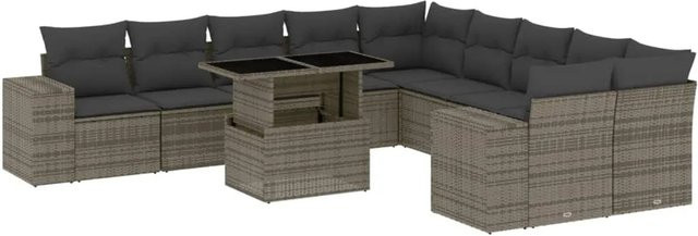 vidaXL 11-tlg. Garten-Sofagarnitur in U-Form aus Poly-Rattan in Grau mit Kissen und Armlehnen - Bild 1