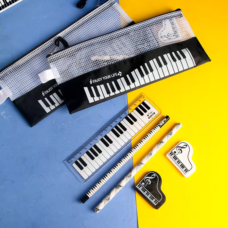 6-teiliges Schulset mit Musikthema und Klavier-Design, buntes Schreibwaren-Set für Schüler bestehend aus Lineal, Bleistift, Radiergummi und Bleistiftbeutel - Bild 2