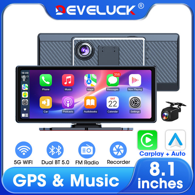 Develuck 8,1 Zoll Wireless Carplay und Android Auto Multimedia Dashboard mit 2,5K Dashcam, GPS Navigation, 5G WIFI und Rückfahrkamera in Schwarz - Bild 1