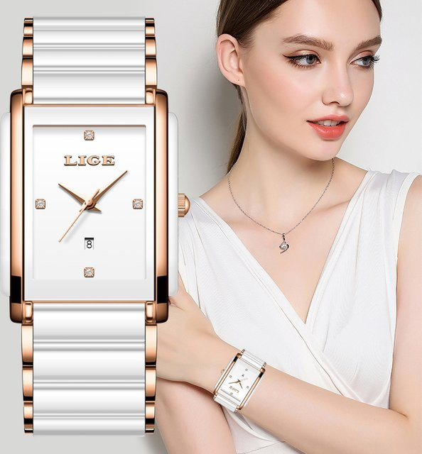 LIGE Armbanduhr, Quarz, Edelstahl, Eckig, Schwarz, Damen - Bild 1