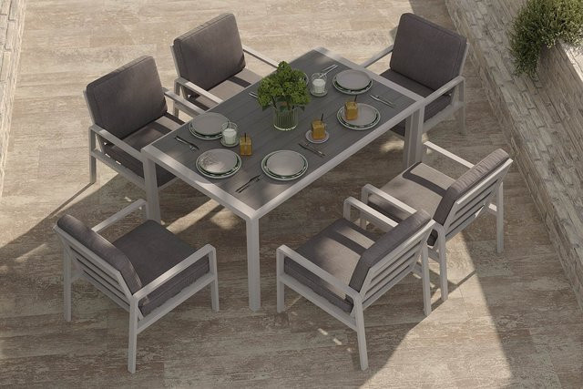OUTFLEXX Taro Garten-Essgruppe mit Tisch und 6 Stühlen, weiß/grau, Aluminium und Holzimitat, Tisch B: 150 cm, T: 90 cm, H: 73,5 cm - Bild 1