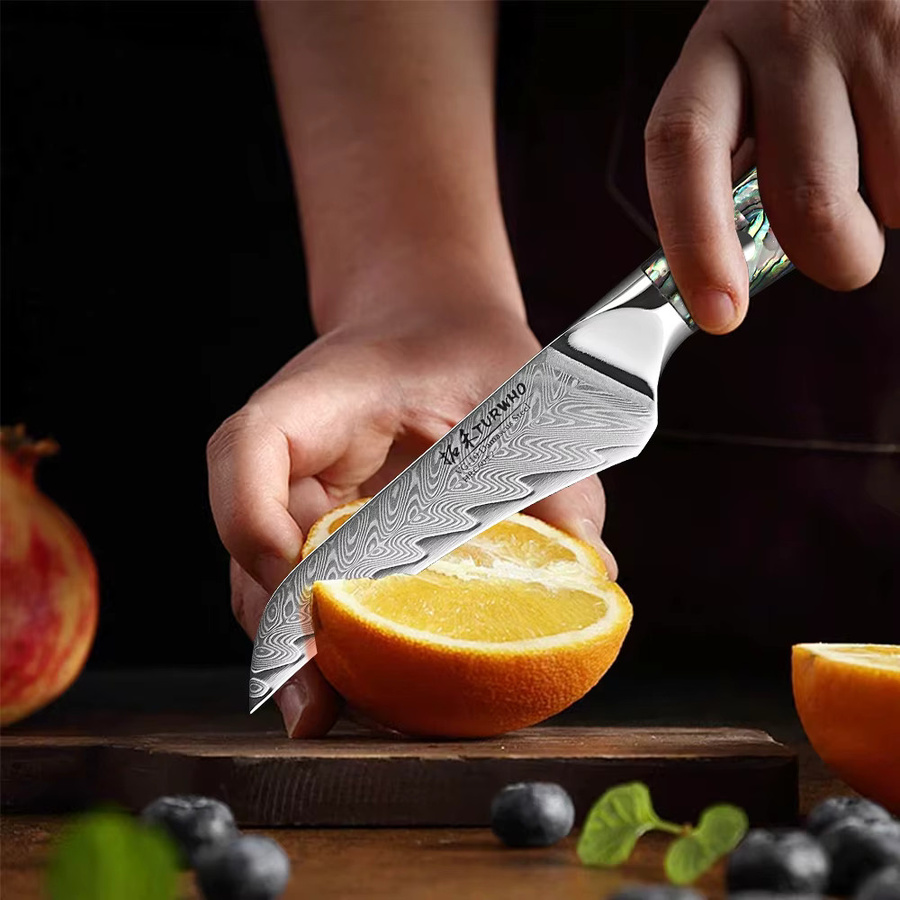 Turwho Damastmesser zum Schälen und Schneiden von Obst und Gemüse mit Abalone-Muschelgriff in Rot/Mehrfarbig - Bild 3