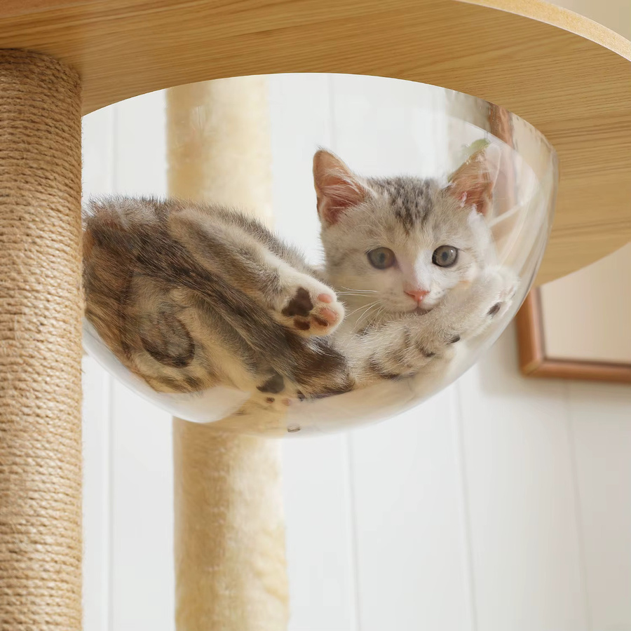 PAWZ Road Mehrstufiger Kratzbaum aus Holz in Beige mit Hängematte und integriertem Spielzeug - Bild 2