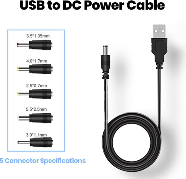 Multifunktionales USB-auf-DC-5V-Ladekabel mit 5 Adaptern für Laptop, WLAN-Router und Lautsprecher, Schwarz - Bild 1