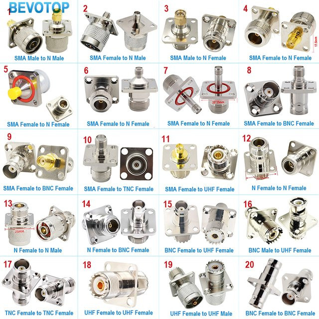 BEVOTOP Adapter Set SMA-Stecker/Buchse auf BNC/L16 N/TNC/UHF-Stecker/Buchse mit 4-Loch Flansch-Chassis-Einbaubuchse aus Messing in Silber - Bild 1