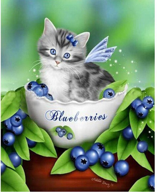 FIYO 5D DIY Diamond Painting Set Katze und Heidelbeeren mit Stickerei Kreuzstich, Farbe: Weiß und Mehrfarbig, Breite: 20 cm, Höhe: 30 cm - Bild 1
