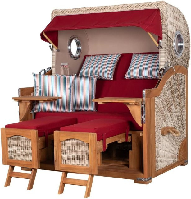 Bene Living Strandkorb Komplettset Ammersee Grande XL in Teak mit Liftersystem, Schutzhülle und Doppelrollen, Farbe Maritime Braun gestreift - Bild 1