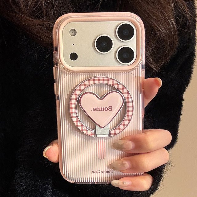 MUQGEW Magnetische iPhone Schutzhülle mit koreanischem Gitter-Design, Herz- und Streifenmuster sowie integrierter Falten-Halterung, stoßfestes Soft Cover für iPhone 17 16 15 14 13 12 Pro Max in Blau oder Pink - Bild 1