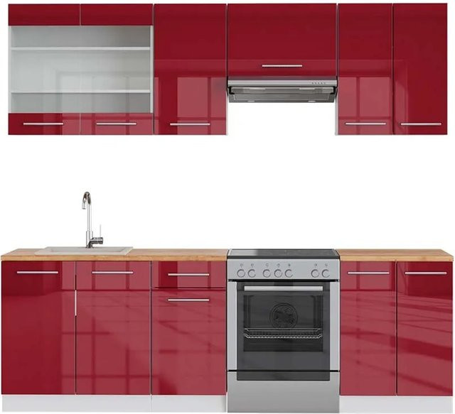 Vicco Fame-Line Küchenzeile Bordeaux Hochglanz und Weiß mit Eiche Optik, Breite: 240 cm - Bild 1