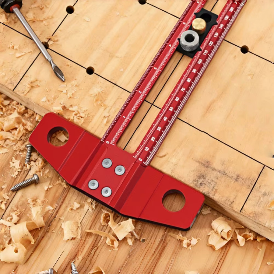 FNICEL 2-in-1 Bohr- und Markierungsvorrichtung aus Aluminiumlegierung, rotes T-Quadrat für Holzbearbeitung mit 300 mm Länge, inklusive Bohrer in 6 mm, 8 mm und 10 mm sowie 2 Bleistiften und Anleitung - Bild 3