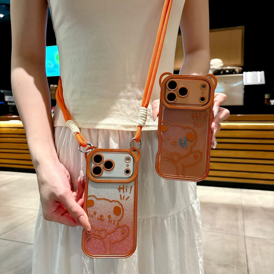 Transparente iPhone 17 Pro Max, iPhone 17 Pro und iPhone 17 Air Schutzhülle mit süßem Bären-Design und Lanyard in Orange aus stoßfestem TPU - Bild 5