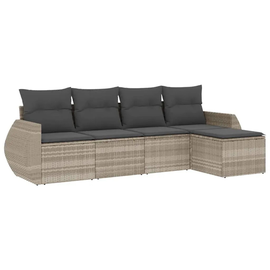 vidaXL 5-tlg. Garten-Sofagarnitur aus Poly-Rattan in Hellgrau mit Kissen und Fußhocker - Bild 2