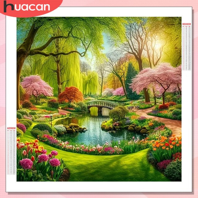 HUACAN 5D Diamantmalerei Gartenlandschaft als Mosaik-Stickerei in Mehrfarben, Wandbild mit Naturmotiv und floralen Elementen - Bild 1